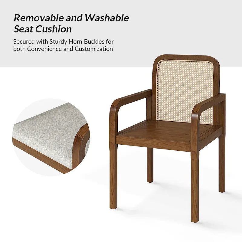 Modern Rattan Back Dining Chair with Removable Cushion – Rubber Wood Frame, Linen Upholstery - Image 26