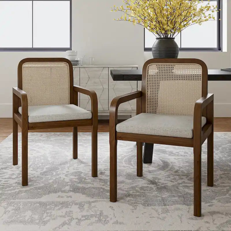 Modern Rattan Back Dining Chair with Removable Cushion – Rubber Wood Frame, Linen Upholstery - Image 29