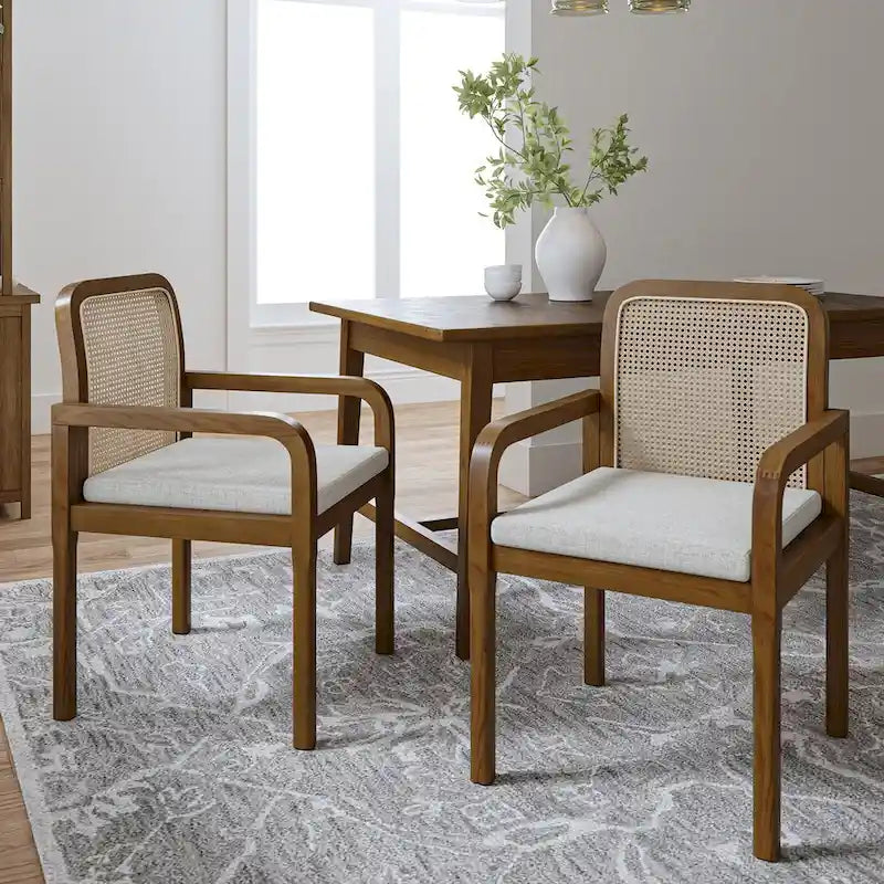 Modern Rattan Back Dining Chair with Removable Cushion – Rubber Wood Frame, Linen Upholstery - Image 30