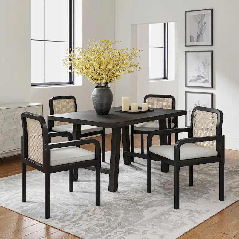 Modern Rattan Back Dining Chair with Removable Cushion – Rubber Wood Frame, Linen Upholstery - Image 4