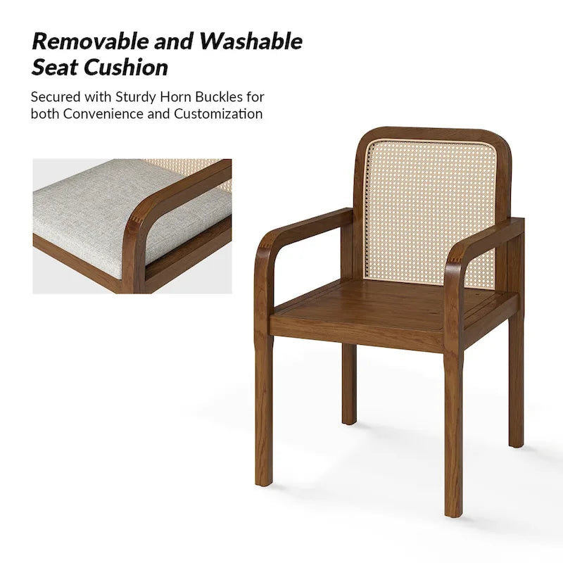 Modern Rattan Back Dining Chair with Removable Cushion – Rubber Wood Frame, Linen Upholstery - Image 34