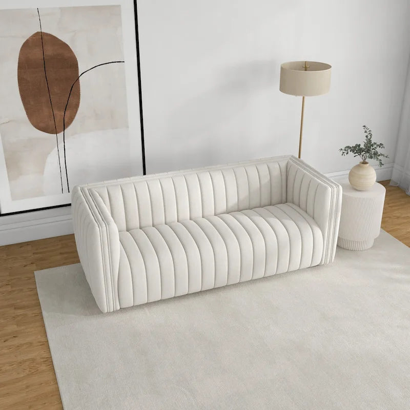 Mid-Century Modern Sofa – Cream Boucle, Tufted Back, Walnut Wood Legs, High-Density Foam - Image 3