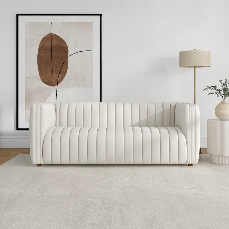 Mid-Century Modern Sofa – Cream Boucle, Tufted Back, Walnut Wood Legs, High-Density Foam - Image 5