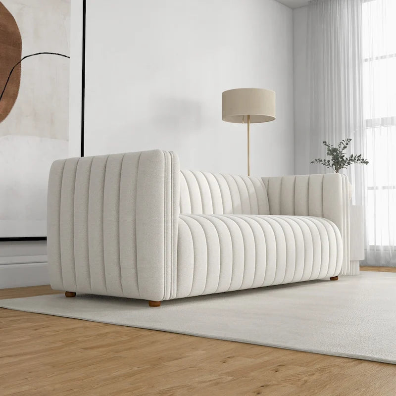 Mid-Century Modern Sofa – Cream Boucle, Tufted Back, Walnut Wood Legs, High-Density Foam - Image 8