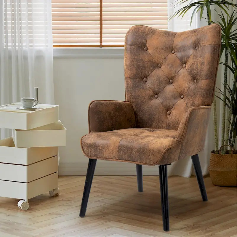 Rustic Wingback Accent Chair with Arms - Tufted Button Design - Image 7