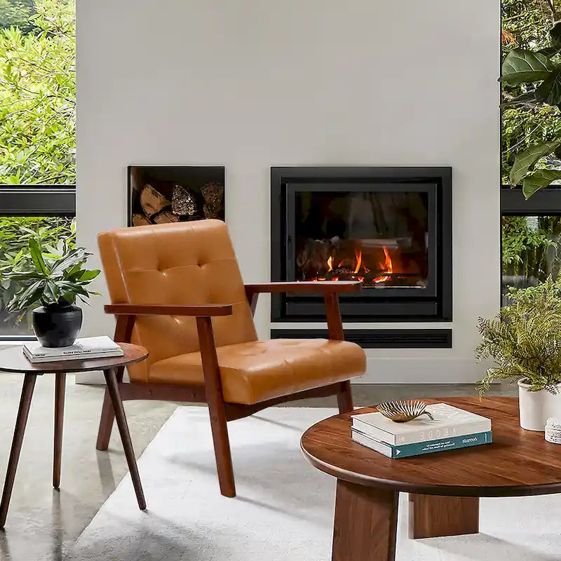Mid-Century Armchair – Brown Faux Leather, Rubberwood Frame, 20.5W x 25.4H, Single Seat, 250 lbs - Image 2