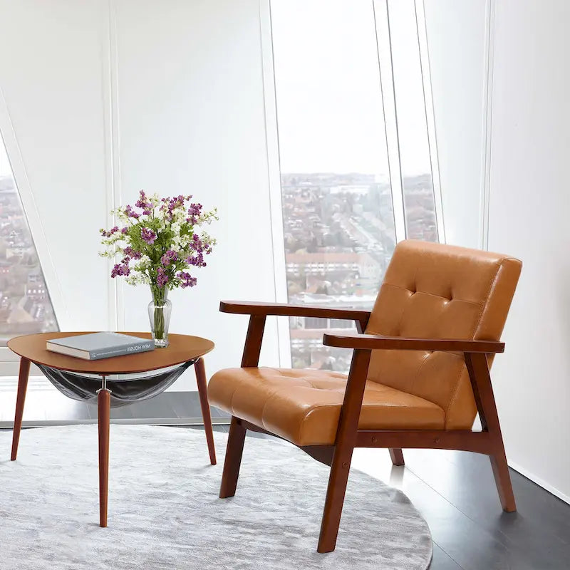 Mid-Century Armchair – Brown Faux Leather, Rubberwood Frame, 20.5W x 25.4H, Single Seat, 250 lbs - Image 3