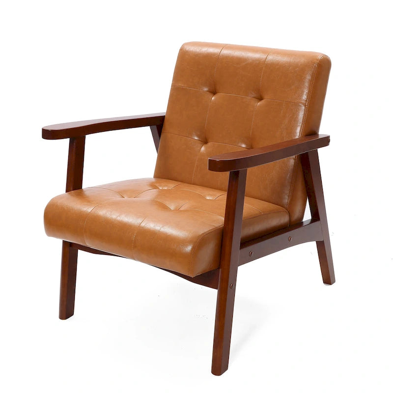 Mid-Century Armchair – Brown Faux Leather, Rubberwood Frame, 20.5W x 25.4H, Single Seat, 250 lbs - Image 4