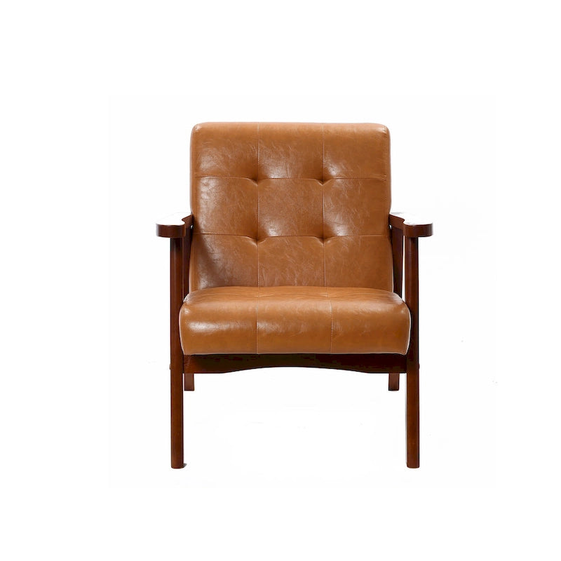 Mid-Century Armchair – Brown Faux Leather, Rubberwood Frame, 20.5W x 25.4H, Single Seat, 250 lbs - Image 5