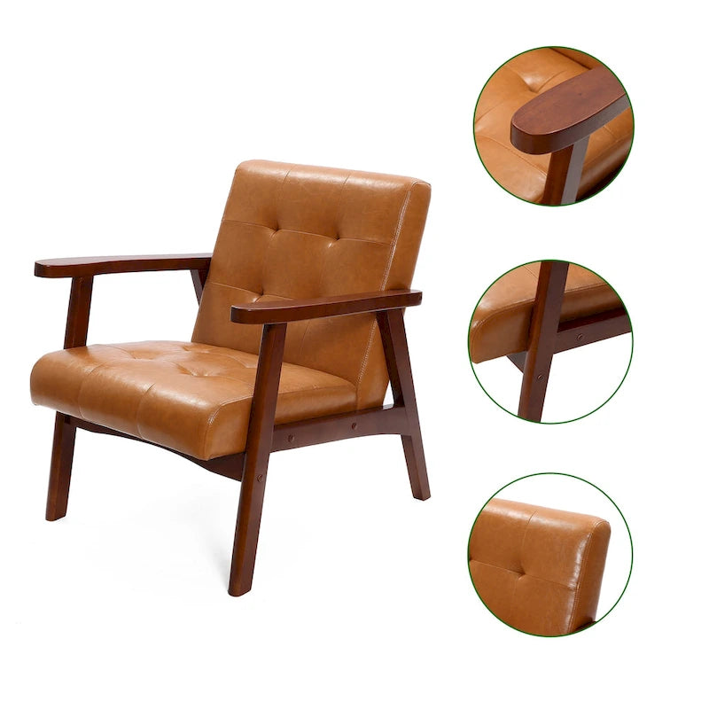 Mid-Century Armchair – Brown Faux Leather, Rubberwood Frame, 20.5W x 25.4H, Single Seat, 250 lbs - Image 6