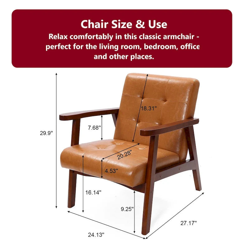 Mid-Century Armchair – Brown Faux Leather, Rubberwood Frame, 20.5W x 25.4H, Single Seat, 250 lbs - Image 7