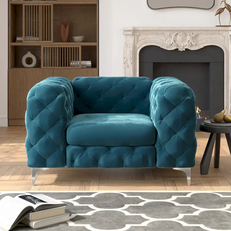 Chesterfield Club Chair – Velvet, Diamond Tufted, Chrome Legs, 39.5W x 25.1H, Single Seat