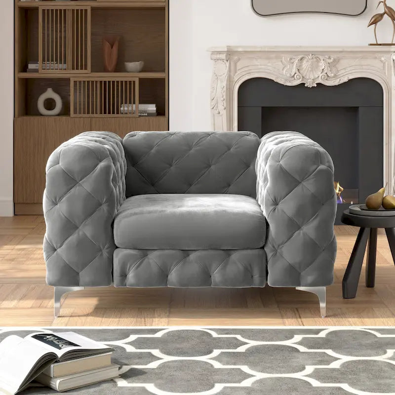 Chesterfield Club Chair – Velvet, Diamond Tufted, Chrome Legs, 39.5W x 25.1H, Single Seat - Image 2