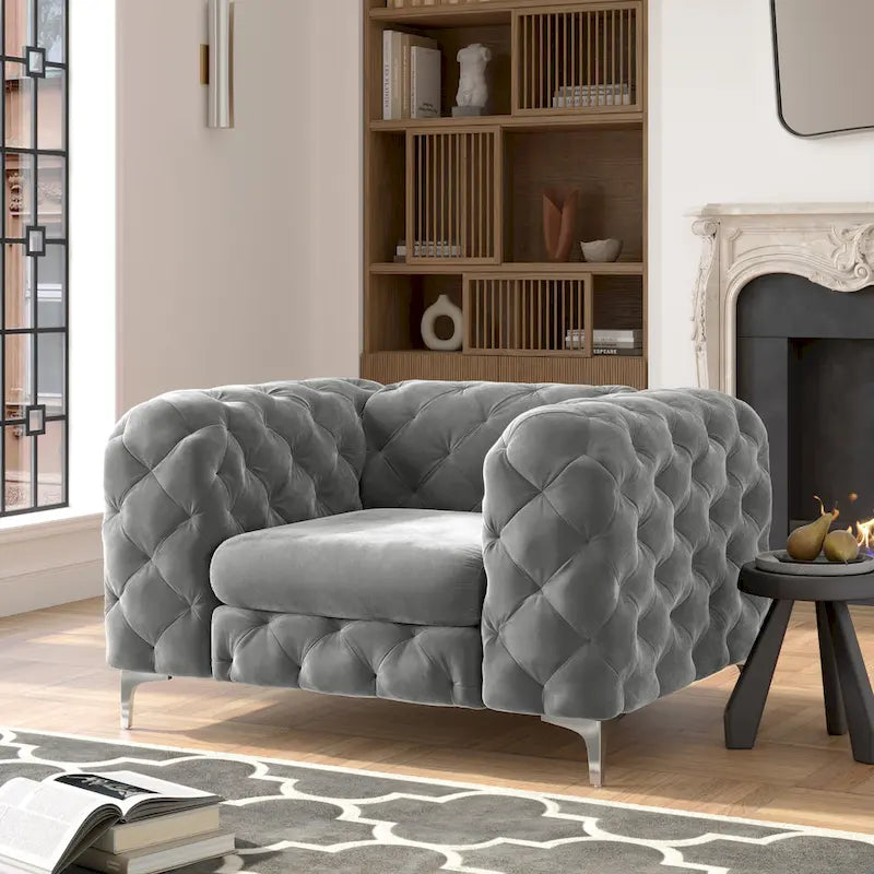 Chesterfield Club Chair – Velvet, Diamond Tufted, Chrome Legs, 39.5W x 25.1H, Single Seat - Image 17