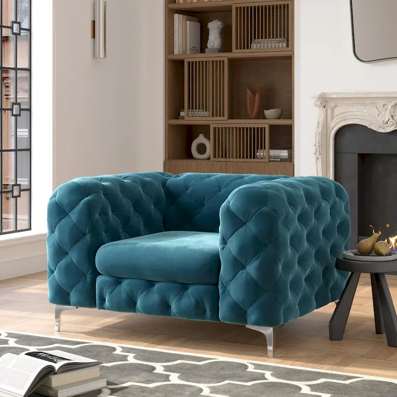 Chesterfield Club Chair – Velvet, Diamond Tufted, Chrome Legs, 39.5W x 25.1H, Single Seat - Image 5